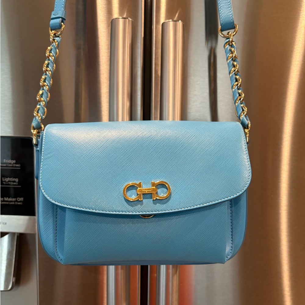 Salvatore Ferragamo Blue and Gold Crossbody Bag with Chain Strap Authentic